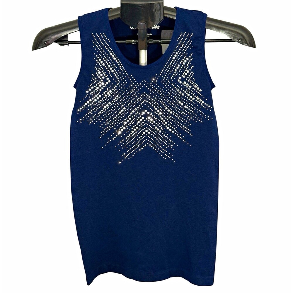 LC Couture Women’s Navy Knit V-Neck Rhinestone Tank Top Stretch Size S/M